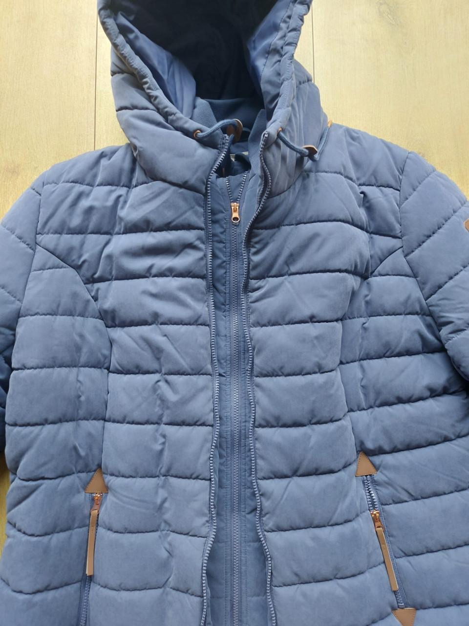 Splinternieuwe lange gewatteerde jas, 2-in-1 look indigo (maat 52)