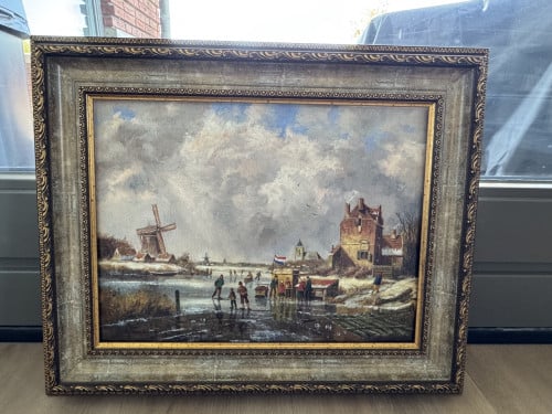 Schilderij winterlandschap met schaatsers te koop