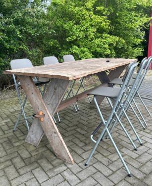Te koop: 2 identieke industriële mancave tafels / bartafels.