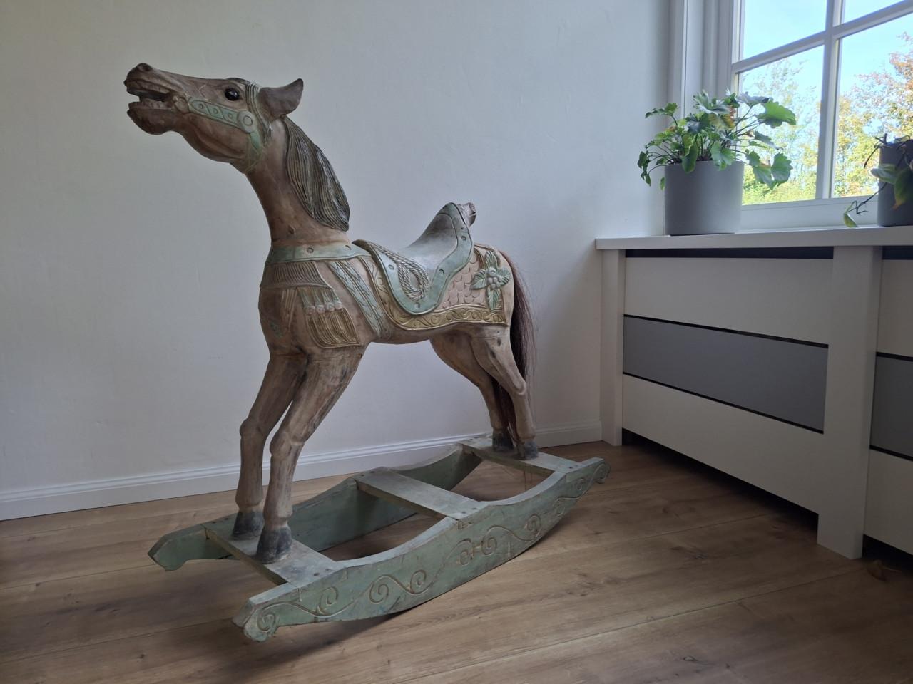 Blikvanger! Groot Antiek Indiaas Houten Hobbelpaard-XL 113cm