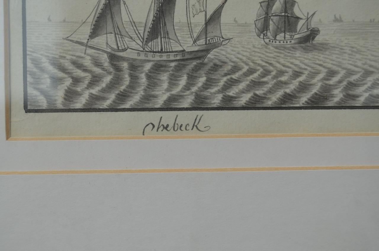 Mooie monochroom aquarel van een Chebeck / Xebec