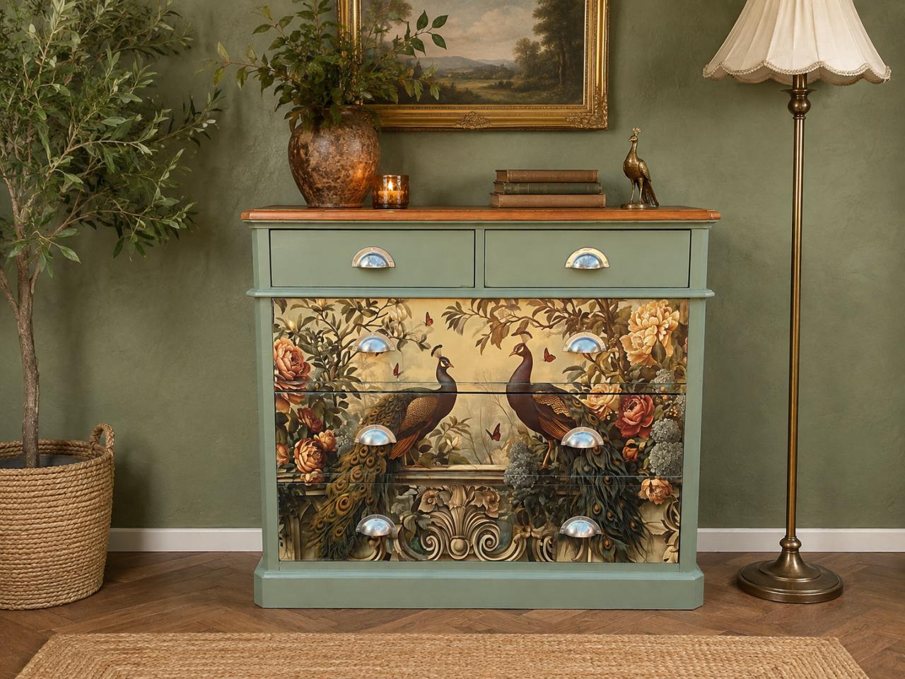 Unieke ladekast met pauwen decoupage