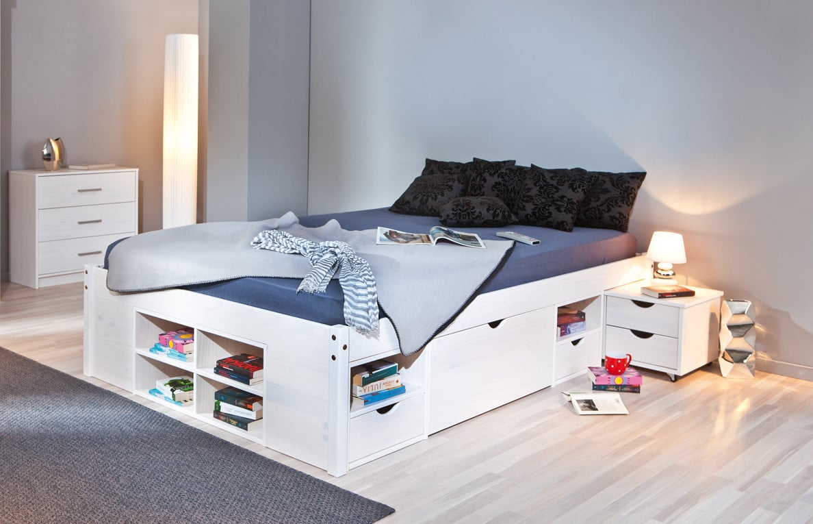 Massief houten bed in Wit of Natuur met laden en nachtkastje