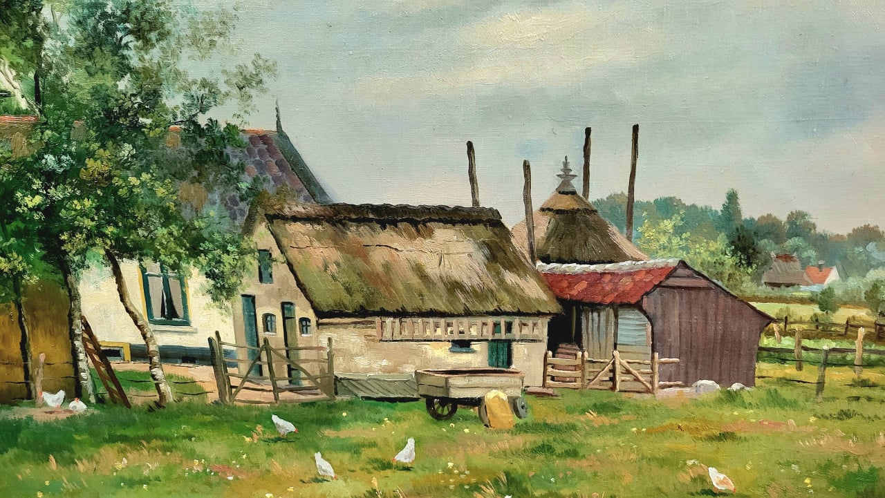 Antieke schilderij - Een boerenhoeve met kippen