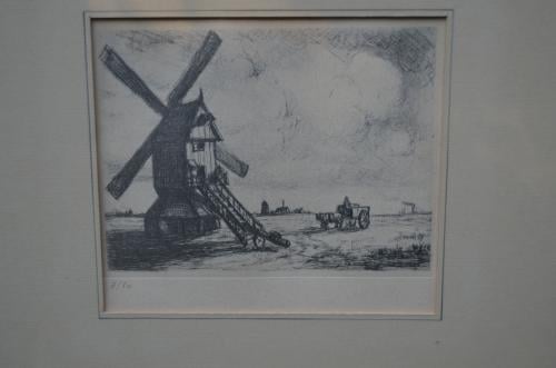Ets molen in landschap. Genummerd 7/80 redelijke staat