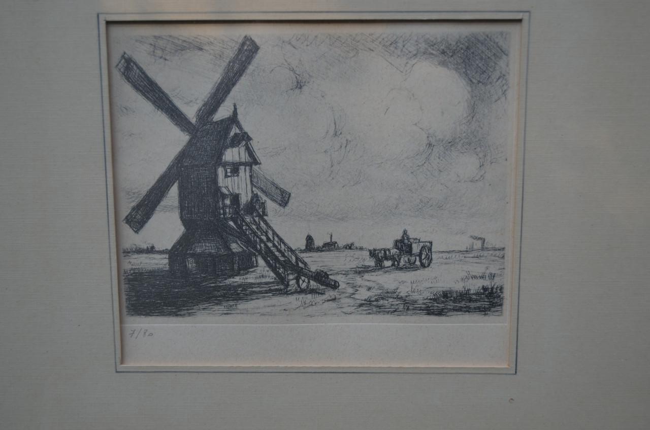 Ets molen in landschap. Genummerd 7/80 redelijke staat