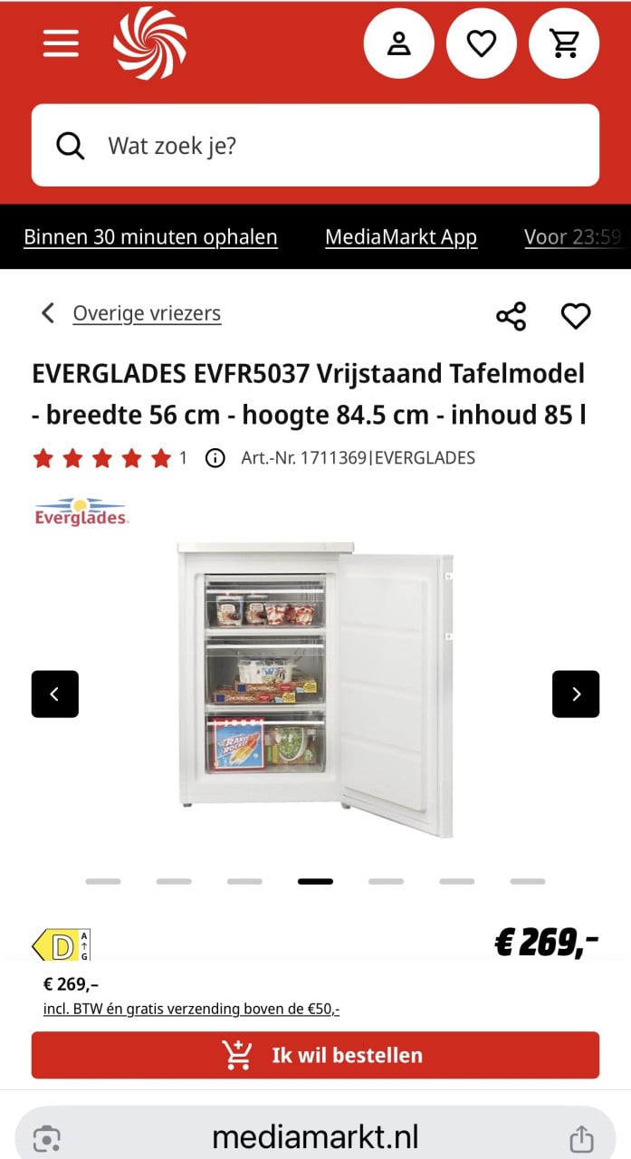 Tafelmodel vrieskast A+ 3 maanden gebruikt 85x55 cm. Inhoud Vriezer 82L