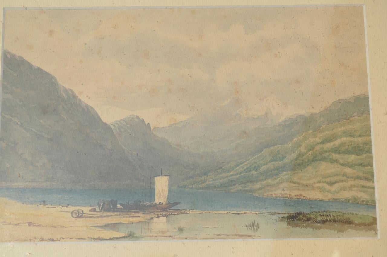 Aquarel berglandschap met een zeilscheepje. Aziatisch?