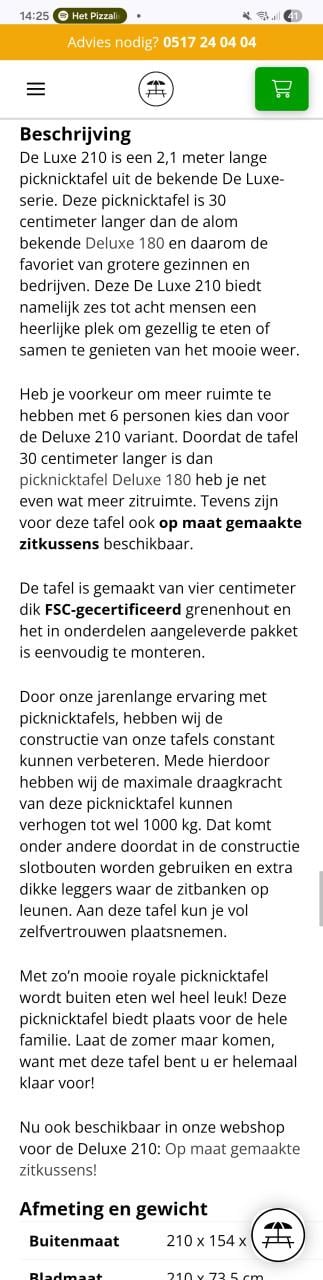 Picknicktafel 210x70cm