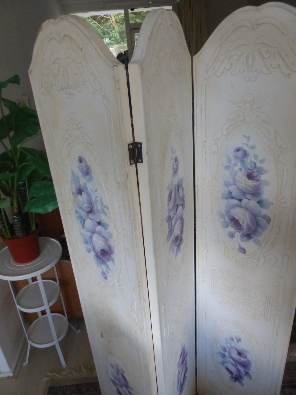 Kamesscherm brokant roomdivider bloemen geschilderd hout zwaar 40(3x)x180