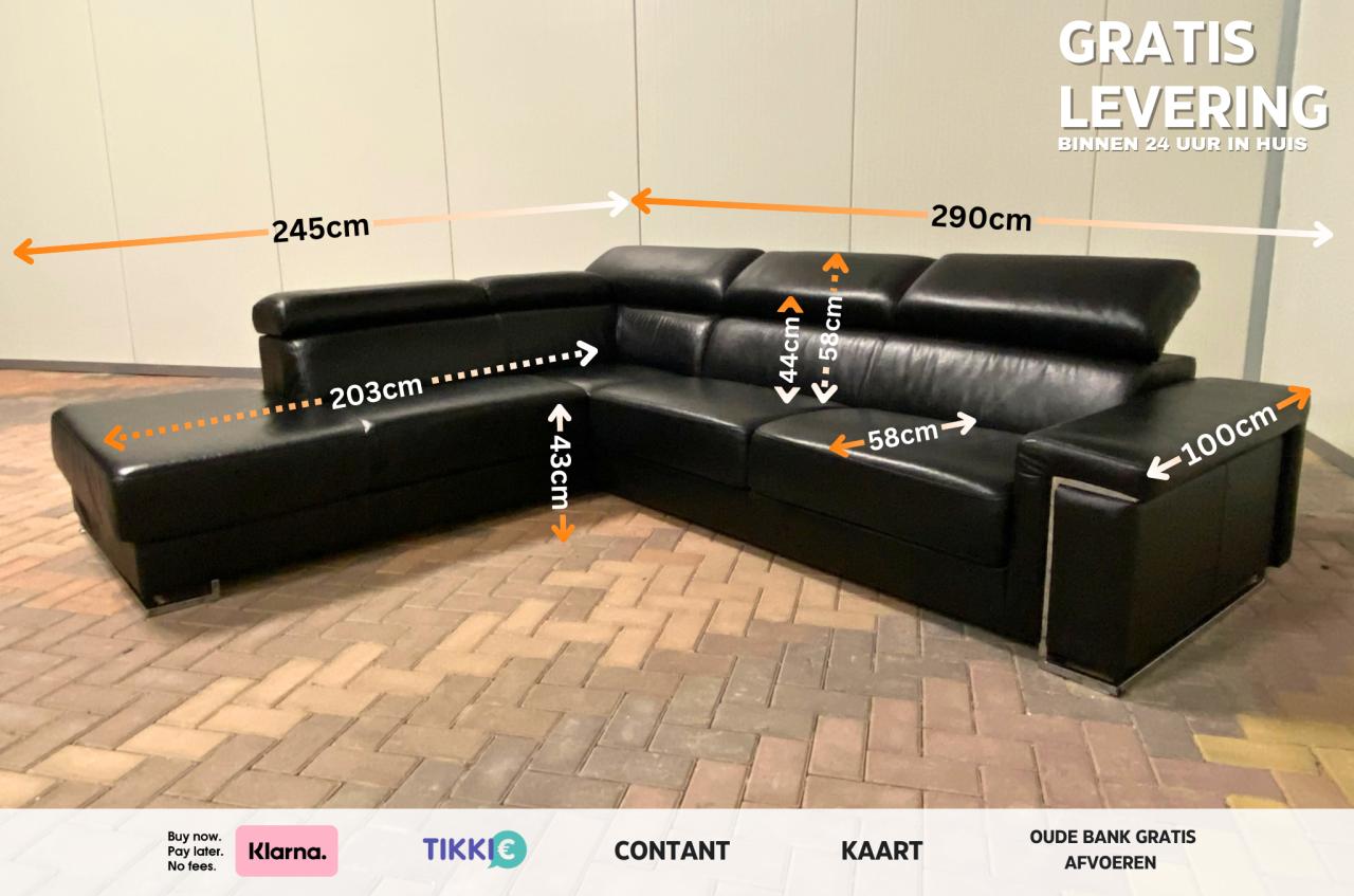 GRATIS LEVERING HEEL NL Zwarte Echt Leren Hoekbank