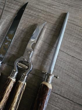 Jaren 80/ 5 delig design Tranchierbesteck Dreizack  Solingen