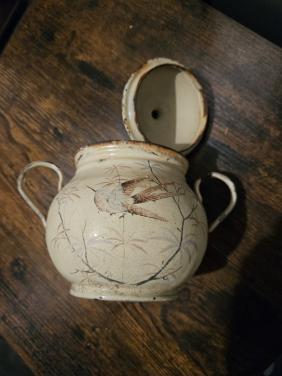 Mooie antieke Emaille Suikerpot met Vogeldecoratie