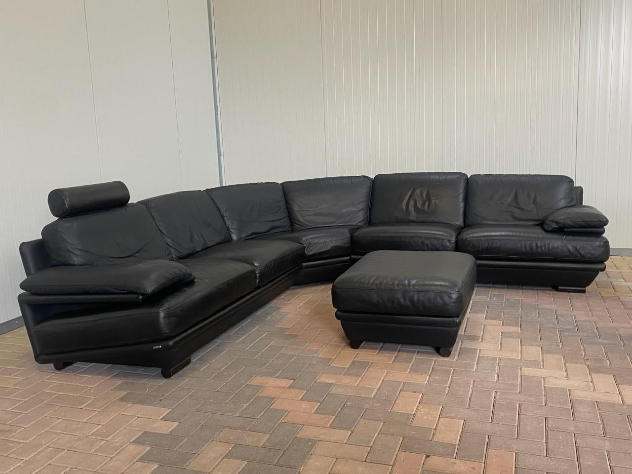 Natuzzi Plaza Hoekbank met Hocker–Echt Zwart Leer–Luxe Lounge Comfort