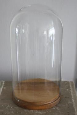 Glazen stolp en houten onderkant