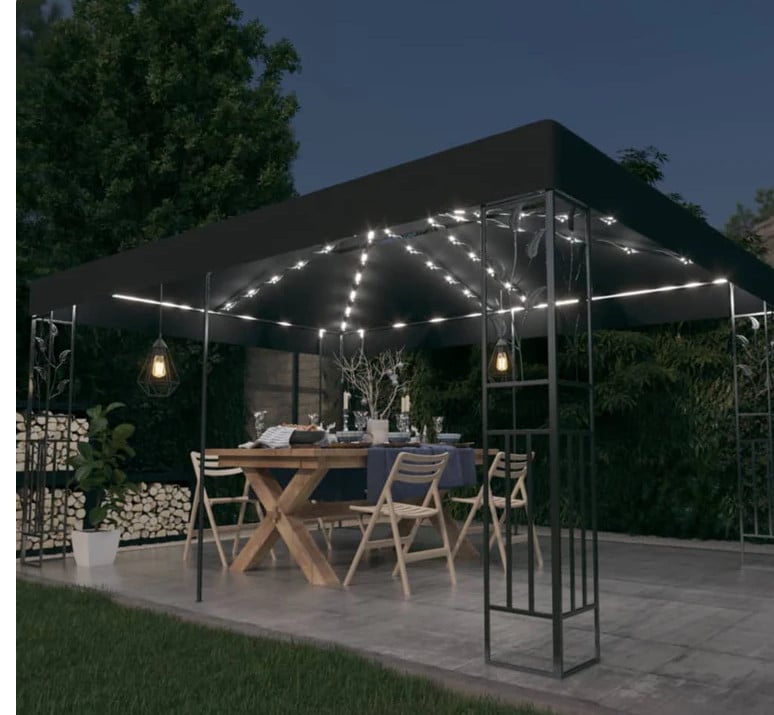 Prieel met dubbel dak en LED-lichtslinger 3x4 m wit