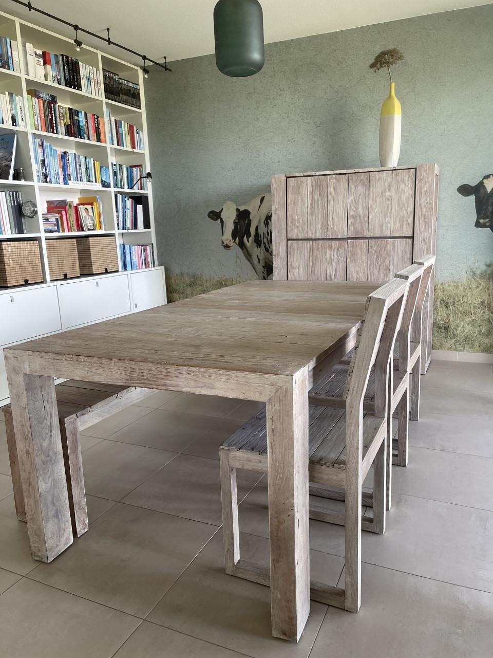 Eetkamer set massief gerecycleerd teak – modern landelijk – whitewash