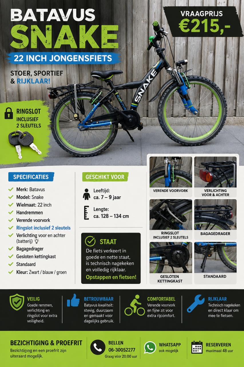 🚲 Batavus Snake Jongensfiets – 22 inch – Stoer, Compleet & Rijklaar