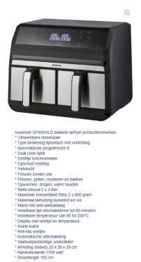 Inventum GF800HLD dubbele Airfryer