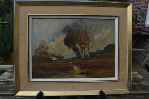 Olie op doek boerderijtje in landschap 19e eeuws.