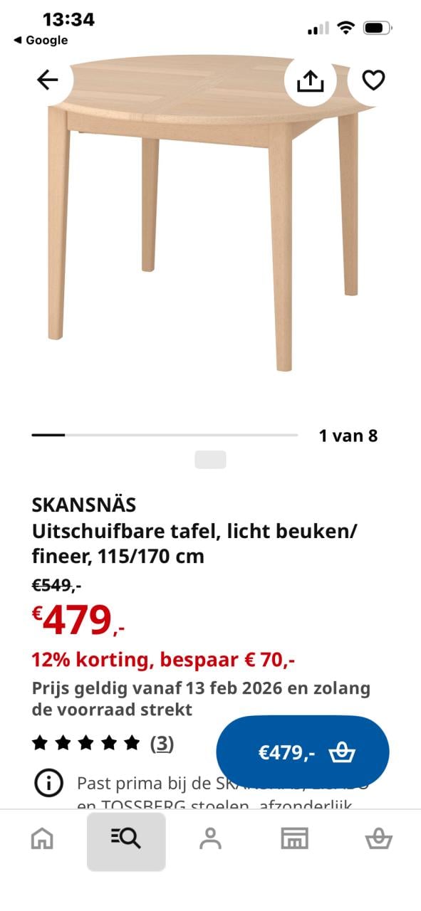 Ikea Uitschuifbare tafel Licht beuken /fineer