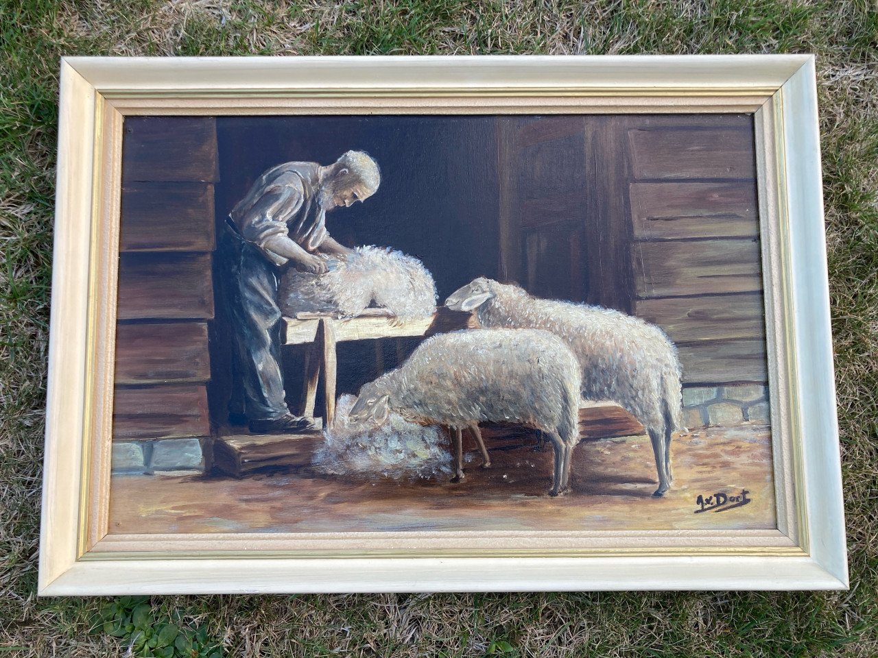 Schilderij schaapscheerder met schapen