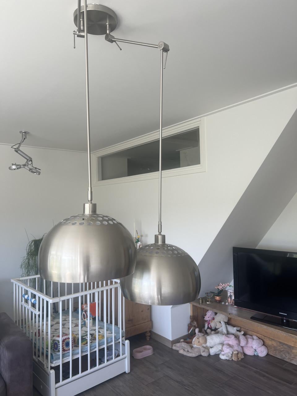Rietveldlamp geschuurd staal plafond lamp met twee globes