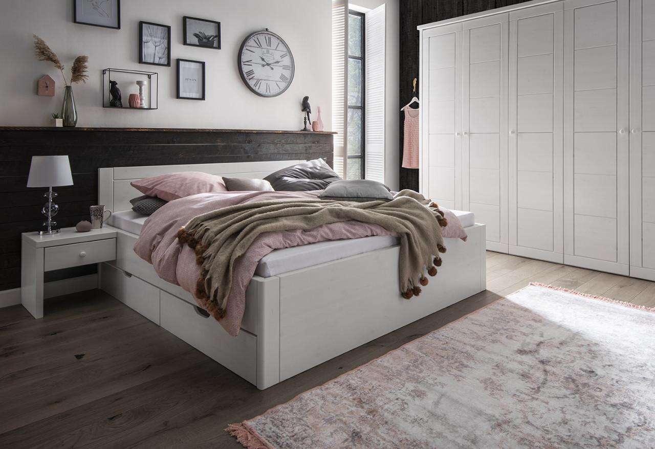 Massief grenenhout. Bed ODIN met bedlades. Natuur of in Wit