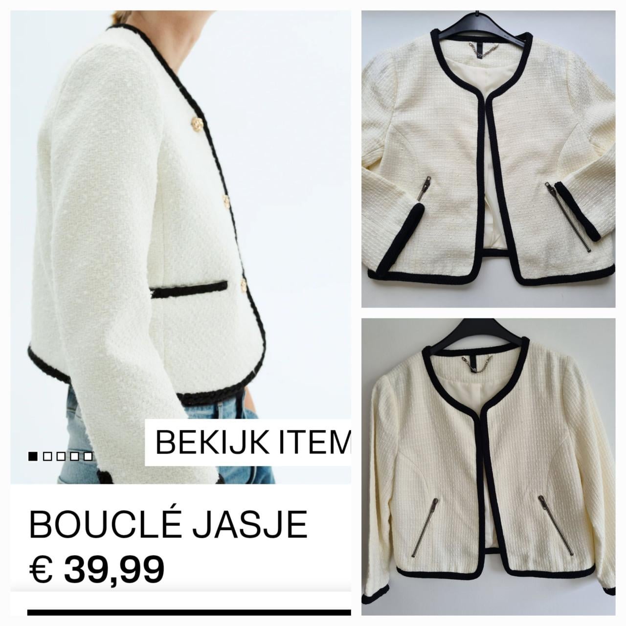 H&M bouclé jasje in de kleur room wit met zwarte bies. Maat 40