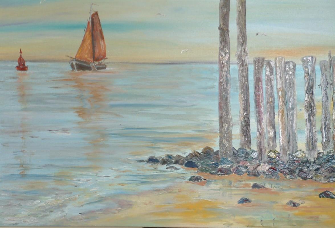 Strand met basalt -zeepokken 100 x 80  schilderijen  Jac Caljouw Arnemuiden