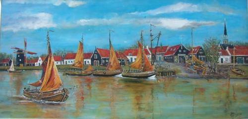 Arnemuiden  haven  werf van vroeger op doek 120 x 60 cm