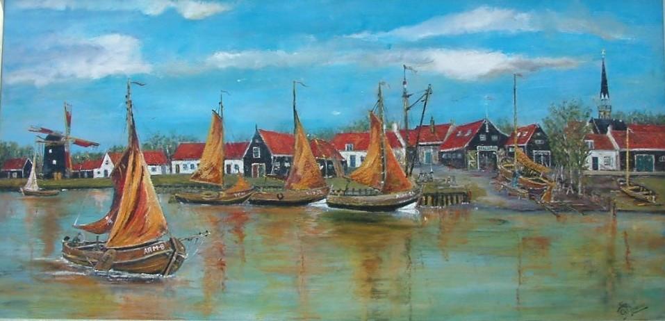 Arnemuiden  haven  werf van vroeger op doek 120 x 60 cm