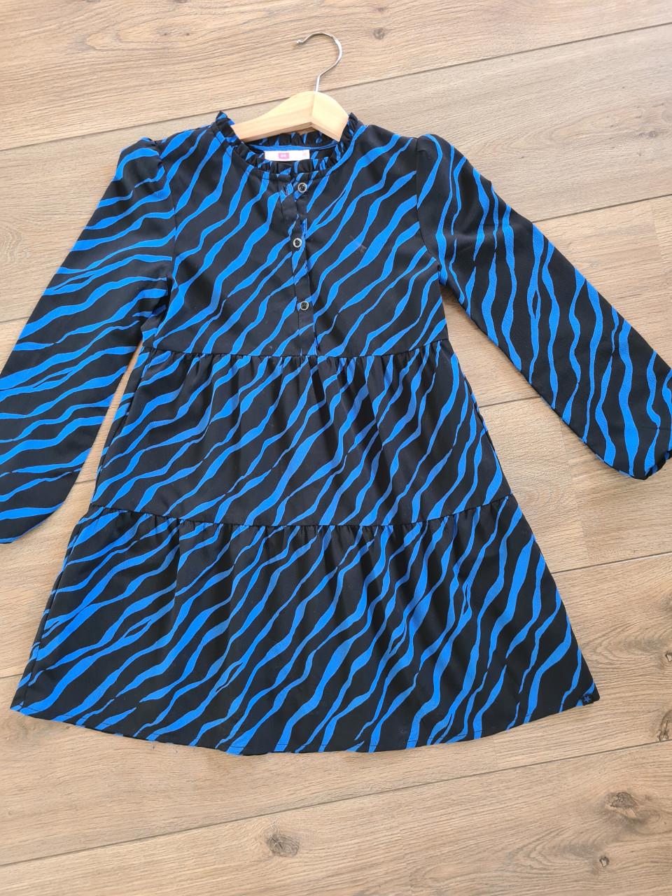 WE Fashion blauw / zwarte zebraprint A- Line  jurkje. Maat 122-128