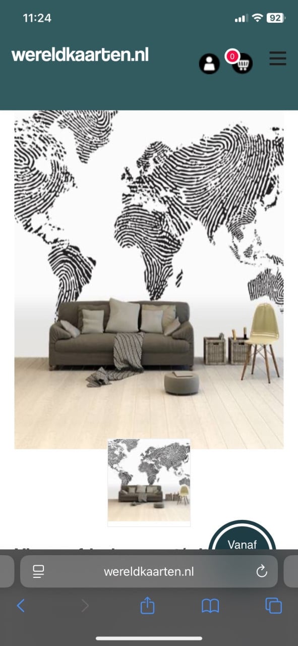 Wereldkaart op één stuk behang (265 x 350cm)