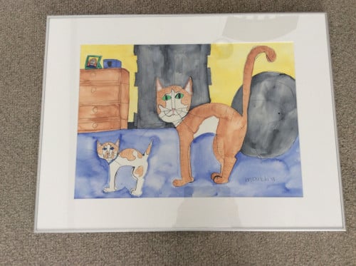Aquarel met afbeelding van 2 poezen. Afmeting: 81 cm. breed, 61 cm hoog.