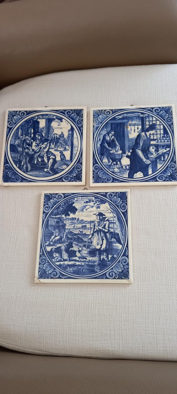 3 STUKS DELFS BLAUWE TEGELS MET AMBACHTEN