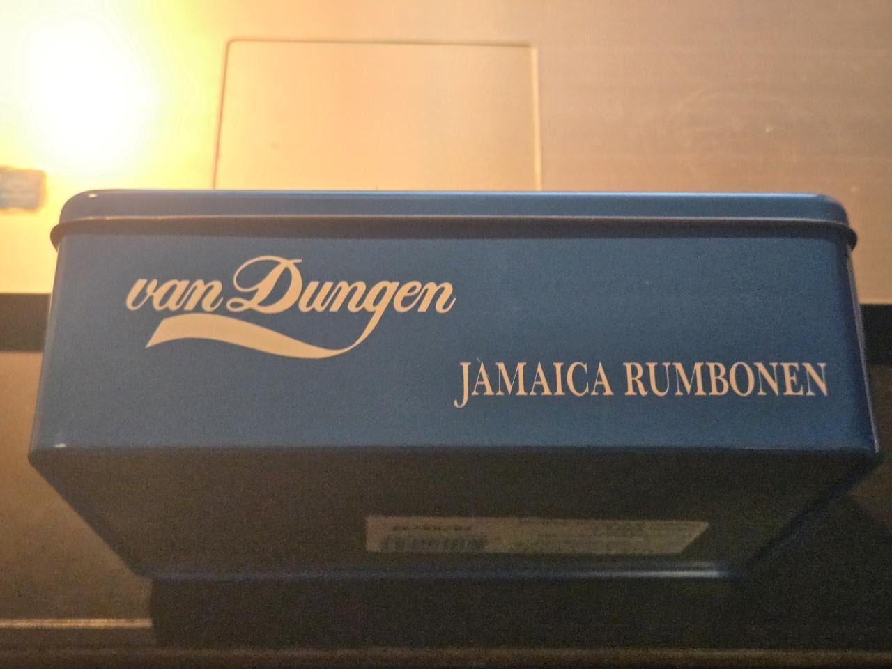 Vintage van Dungen Jamaica rumbonen blik vroege jaren '90, 18x12x6.5cm