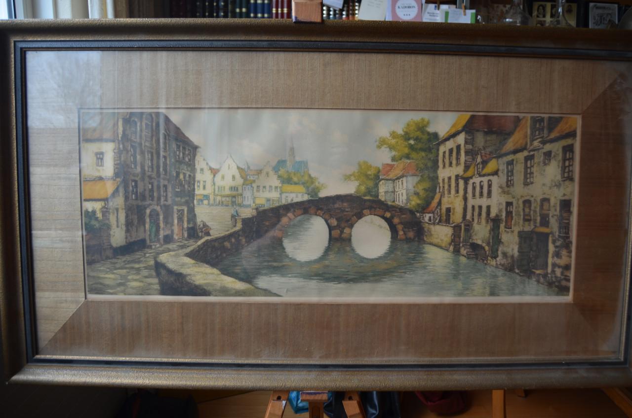 Grote kleurenets (?) Stadsgezicht Brugge, gesigneerd 'van Meulen'