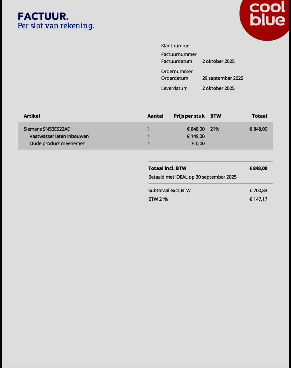 Vaatwasser halfinbouw