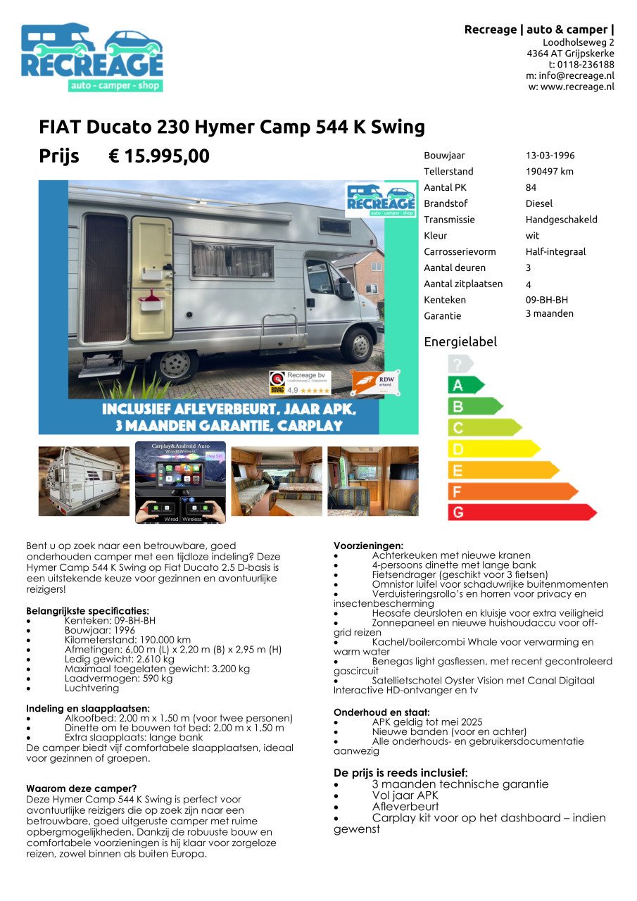 Hymer Camp 544K Swing 1996 Ducato basis, Jaar APK, 3mnd gar, beurt, carplay