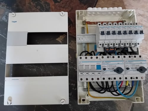 Groepenkast Hager 8 gr. 16 A, 2 x  3 fase aardl. 40 A 30 mA, hfdsch. 40 A.