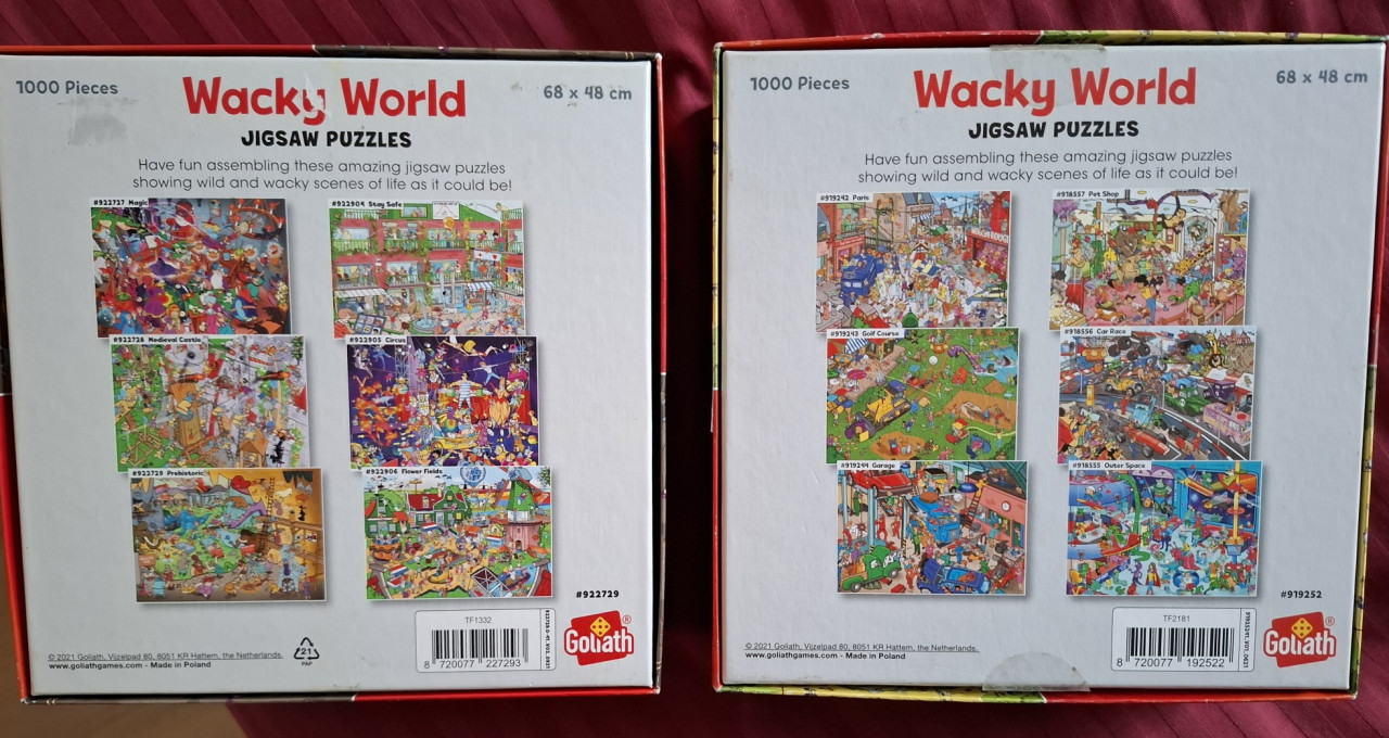 2 Goliath Wacky World legpuzzels en 1 WasGij legpuzzel, eenmaal gelegd