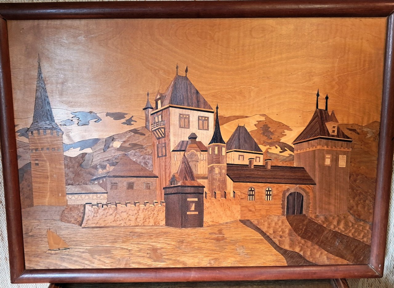 Houten marketerie kunstwerk