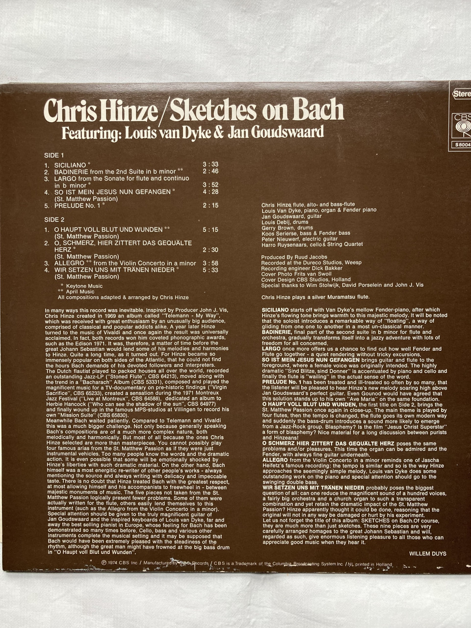 LP Chris Hinze, Louis Van Dijk Sketches on Bach