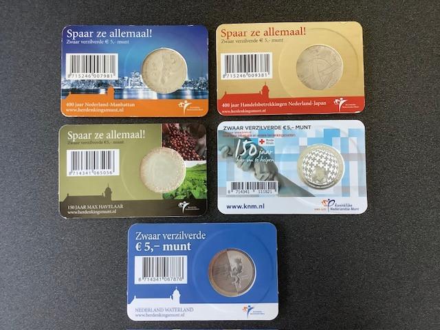 Nederland , diverse coincards 5 euro munten.