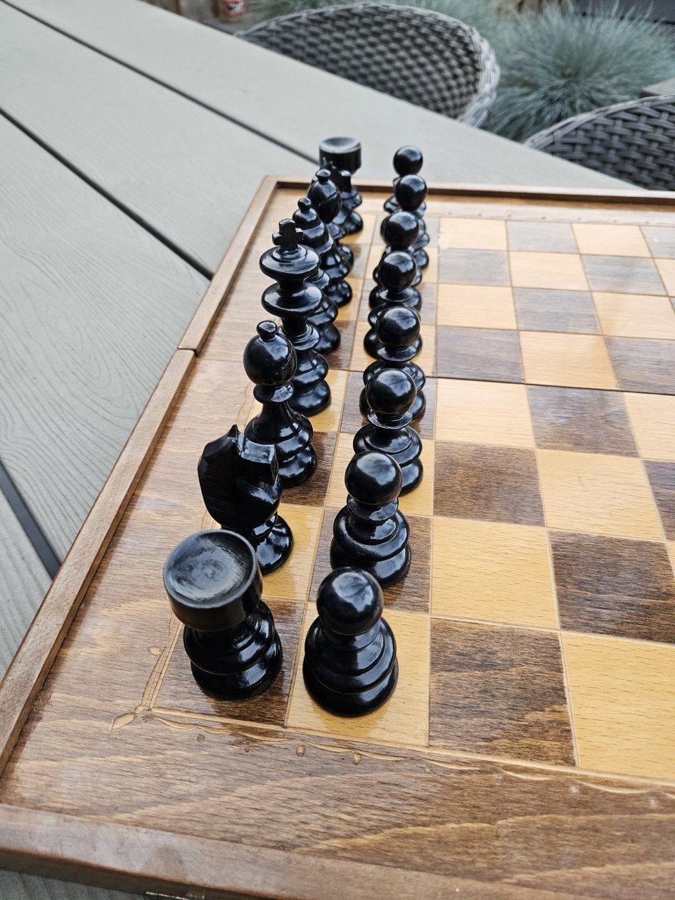 Prachtig groot opvouwbaar vintage houten schaakspel in zeer nette staat