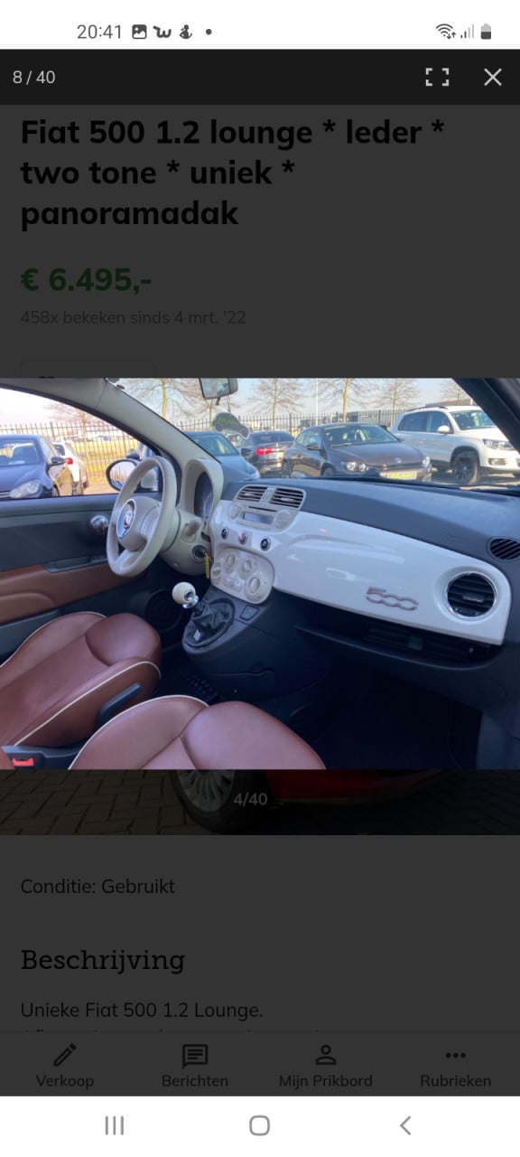 Te koop: Fiat 500 1.2 C 2008 rood gemarmerd/wit. Heel speciaal en uniek!