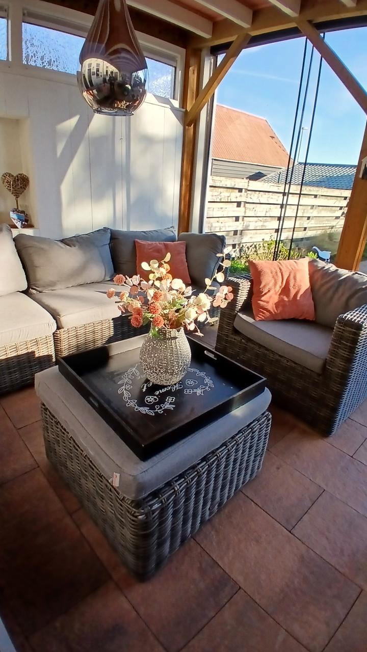 Tuinset loungeset hoek met fauteuil en poef/tafel 8 plaatsen