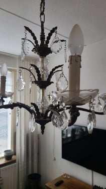Kroonluchter 5-armig met elektrische kaarsjes/kristal glas