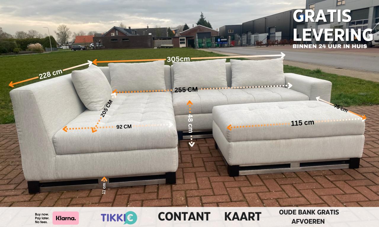 Grijze Stoffen Hoekbank met Hocker – Ruim Loungecomfort–Gratis Levering NL